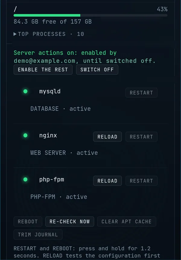 WatchTower on a phone: one-tap restart and reload buttons for services